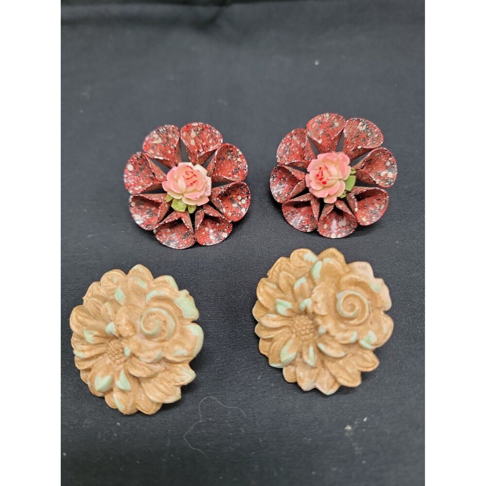 Vtg Window Curtain Tie Back Push Pins Metal Floral Pink Rose & Plastic Flowers